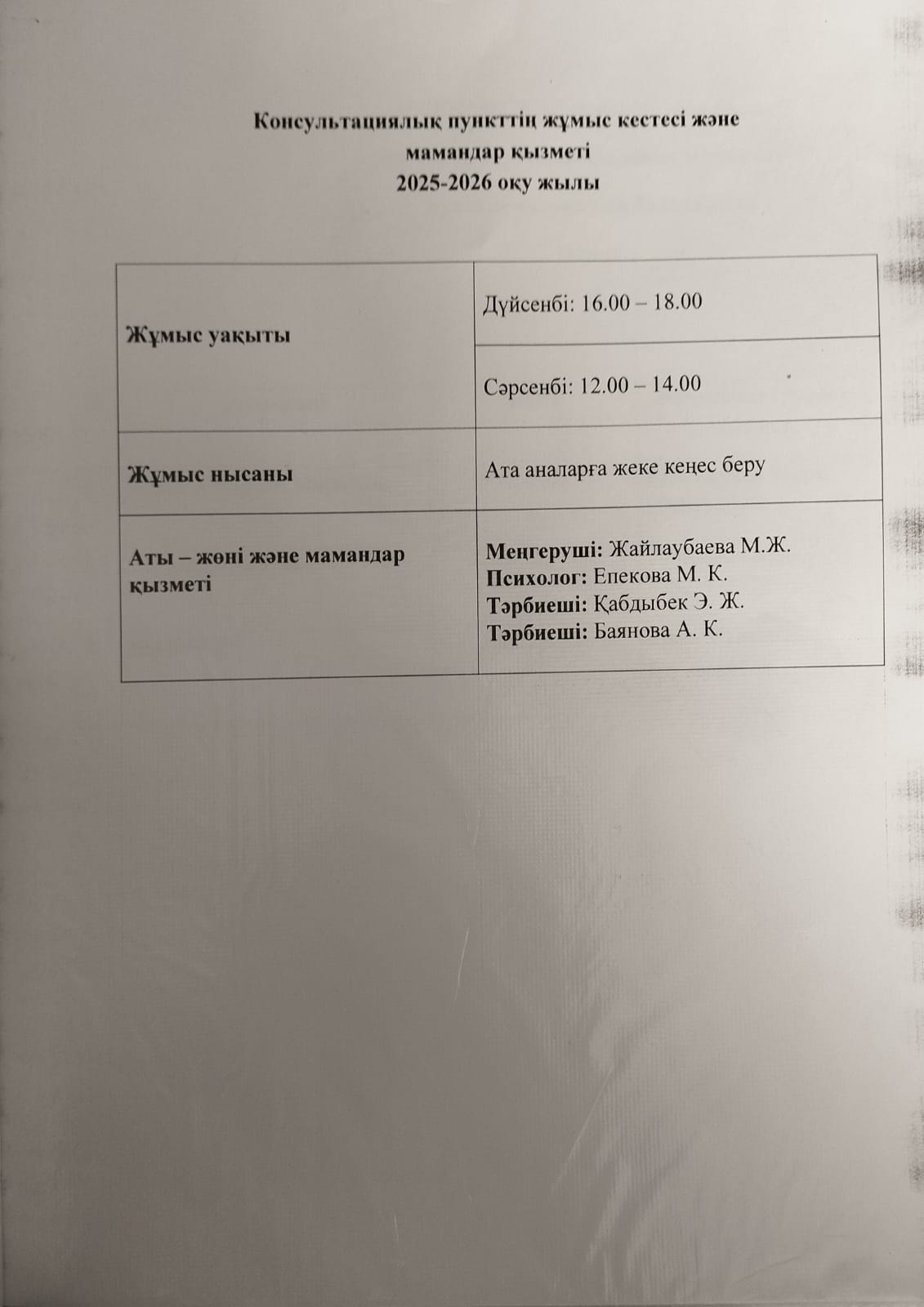 консультациялық пунктің жұмыс кестесі және мамандар қызметі